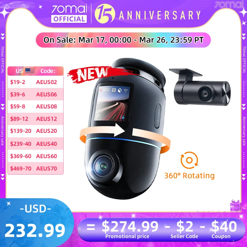 70mai Dash Cam Omni X800 (Global Version) – 4K HDR + 360° Rotating Dual-Channel